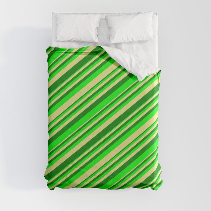 Tan, Green & Lime Colored Stripes/Lines Pattern Duvet Cover