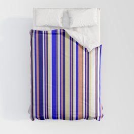 [ Thumbnail: Pale Goldenrod, White, Blue, Dark Salmon, and Dark Blue Colored Pattern of Stripes Comforter ]