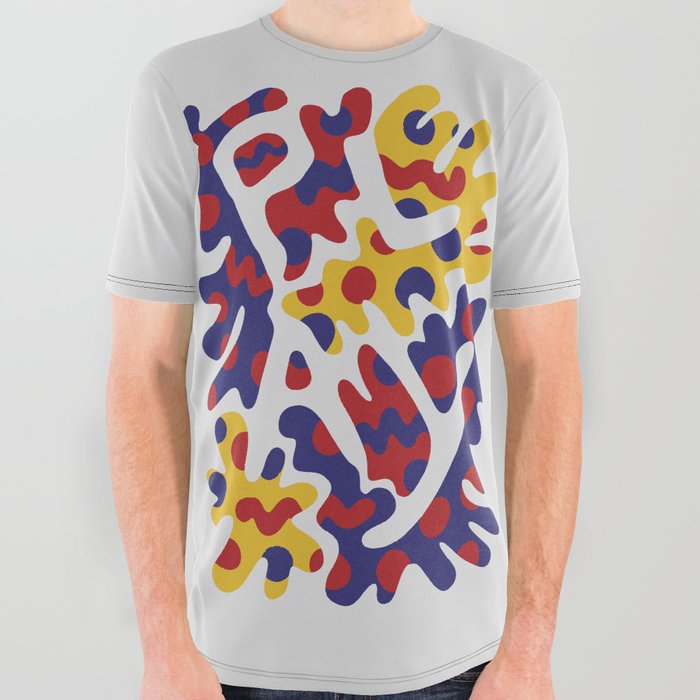 PLAY Slogan | Hand Lettered Text Design in Primary Colors All Over Graphic Tee