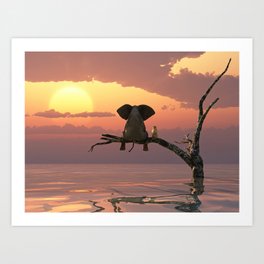 elephant and dog sit on a tree during a flood(2) Art Print