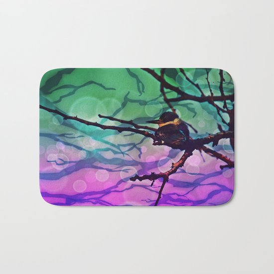 African Bird and Branches Teal And Pink Bath Mat