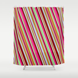 [ Thumbnail: Eye-catching Deep Pink, Light Green, Chocolate, Light Blue & Dark Red Colored Lines/Stripes Pattern Shower Curtain ]