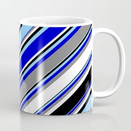 [ Thumbnail: Light Sky Blue, Blue, Gray, White, and Black Colored Striped Pattern Coffee Mug ]