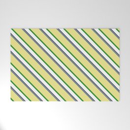 [ Thumbnail: Eye-catching Slate Gray, Tan, Forest Green, White, and Black Colored Lined Pattern Welcome Mat ]