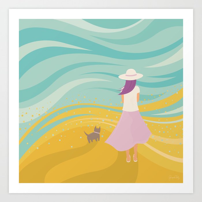 Listen to the Ocean (Girl and Cat Vector Graphic Illustration) Art Print