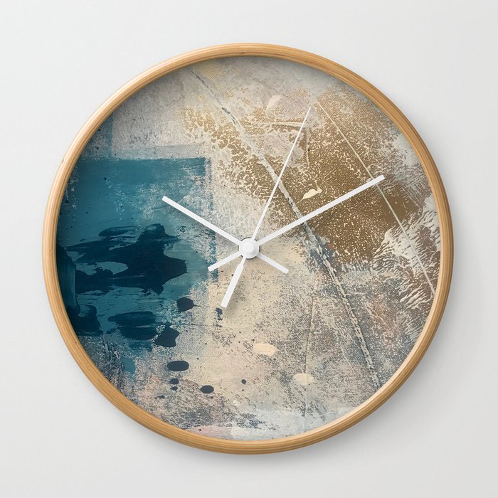 Embrace: a minimal, abstract mixed-media piece in blues and gold with a hint of pink Wall Clock