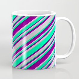 [ Thumbnail: Purple, Grey, and Green Colored Lines Pattern Coffee Mug ]