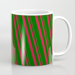[ Thumbnail: Crimson & Dark Green Colored Lined/Striped Pattern Coffee Mug ]