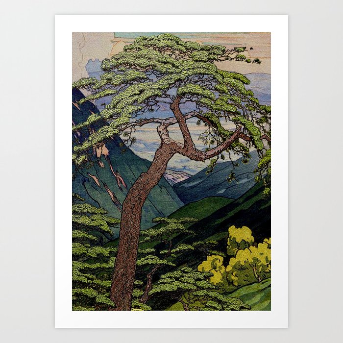 The Downwards Climbing - Summer Tree & Mountain Ukiyoe Nature Landscape in Green Art Print
