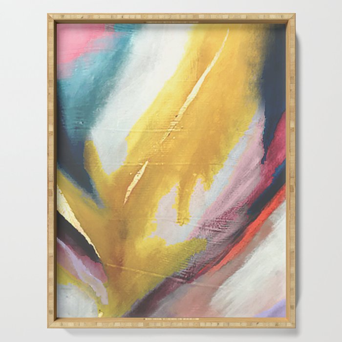 Ambition: a colorful abstract piece in bold yellow, blue, pink, red, and gold Serving Tray