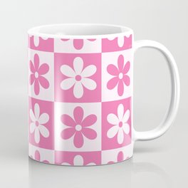 Hot pink and white checkered cute retro flower pattern Mug