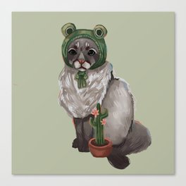 cute cat with frog hat and cactus Canvas Print