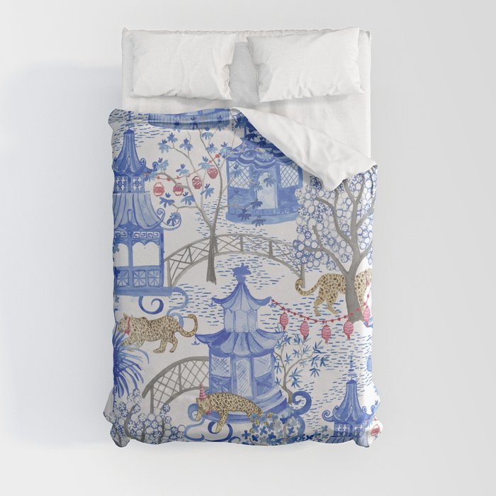 Party Leopards in the Pagoda Forest Duvet Cover