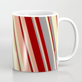 [ Thumbnail: Grey, Dark Red, Dark Salmon, and Pale Goldenrod Colored Striped Pattern Coffee Mug ]