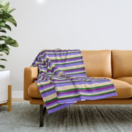 [ Thumbnail: Medium Slate Blue, Tan, Dark Green & Purple Colored Pattern of Stripes Throw Blanket ]