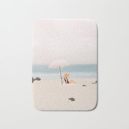 Beach Morning II Bath Mat | Ocean, Digital, Vintage, Black And White, Rock, Illustration, Watercolor, Woman, Minimal, Stencil 