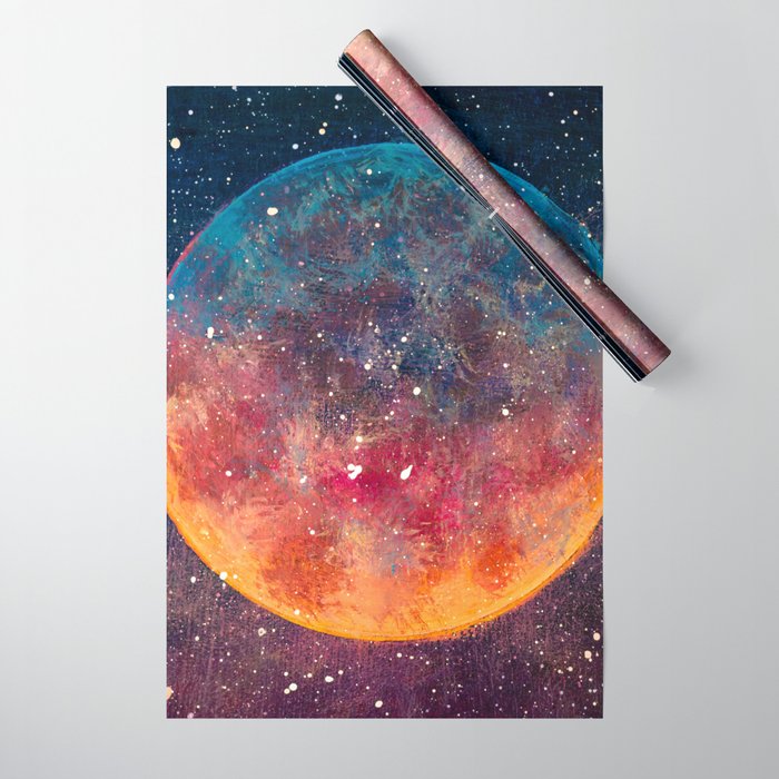 Fantastic oil painting beautiful big planet moon among stars in universe. Fantasy concept cosmos fine art paintingartwork illustration Wrapping Paper