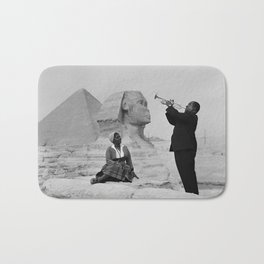 Louis Armstrong at the Spinx and Egyptian Pyrimids Vintage black and white photography / photographs Bath Mat | Blackamerican, Music, Pioneer, Vintage, White, Photographs, Jazz, Tour, Poster, Blackartists 