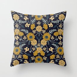 Navy Blue, Turquoise, Cream & Mustard Yellow Dark Floral Pattern Throw Pillow