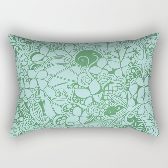 Blue square, green floral doodle, zentangle inspired art pattern Rectangular Pillow