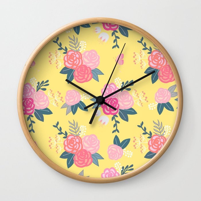 Sweet Roses on Yellow Wall Clock