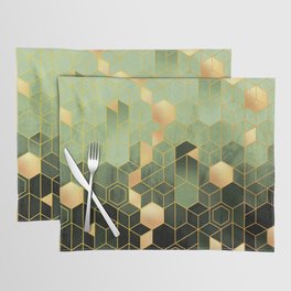 Olive Green + Golden Hexagonal Modern Abstract Pattern Placemat