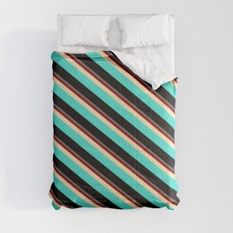 [ Thumbnail: Colorful Dim Gray, Maroon, Tan, Turquoise & Black Colored Stripes/Lines Pattern Comforter ]