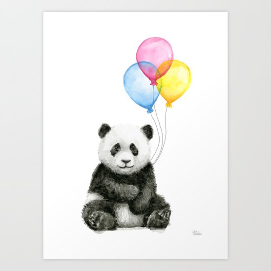 Panda Baby with Balloons Whimsical Nursery Animals Art Print