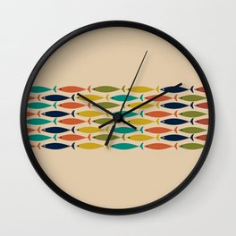 Midcentury Modern Multicolor Fish Stripe Pattern in Olive, Mustard, Orange, Teal, Beige Wall Clock