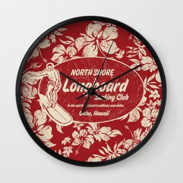 Club Surfing Longboard Surf Logo and Hibiscus Hawaiian Print      Wall Clock