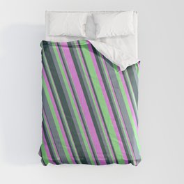 [ Thumbnail: Violet, Light Green, Light Slate Gray, and Dark Slate Gray Colored Lined Pattern Comforter ]
