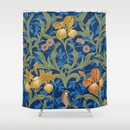 Vintage floral seamless pattern with orange iris and birds on blue background. Vintage illustration.  Shower Curtain