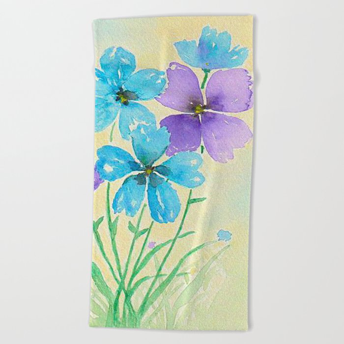 Bright Blue and Purple Watercolor Flowers Beach Towel by
