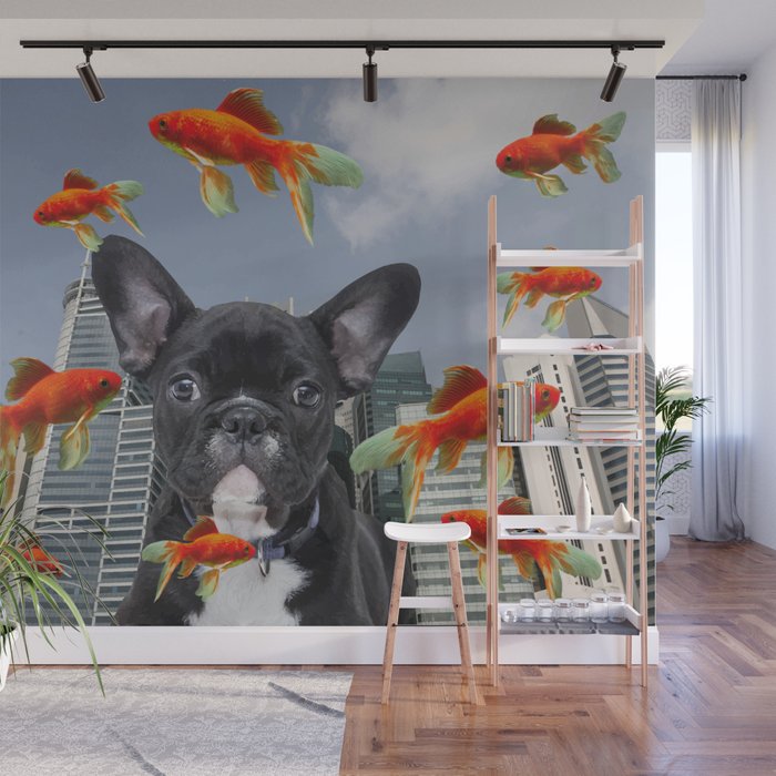singapur Skyline with French Bulldog and Goldfish Illustration Wall Mural