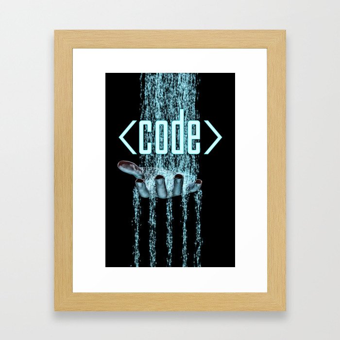 Code / 3D render of binary data flowing on to human hand Framed Art Print