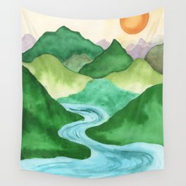 Watercolor Landscape - Mountains with river Wall Tapestry
