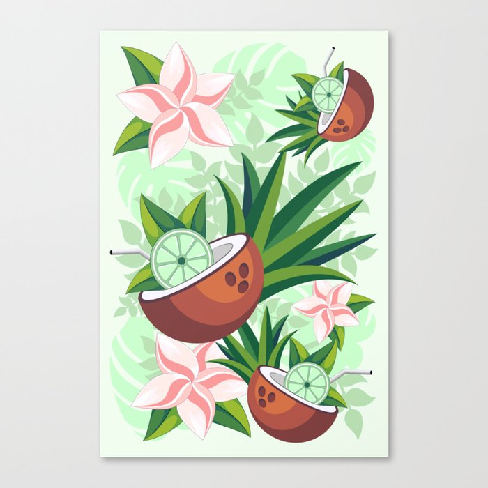 Lime in Coconut with Pink Plumeria Flowers Tropical Summer Pattern Canvas Print
