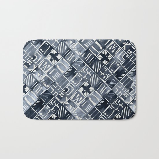Simply Tribal Tiles in Indigo Blue on Lunar Gray Bath Mat