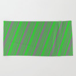 [ Thumbnail: Grey and Lime Green Colored Striped Pattern Beach Towel ]