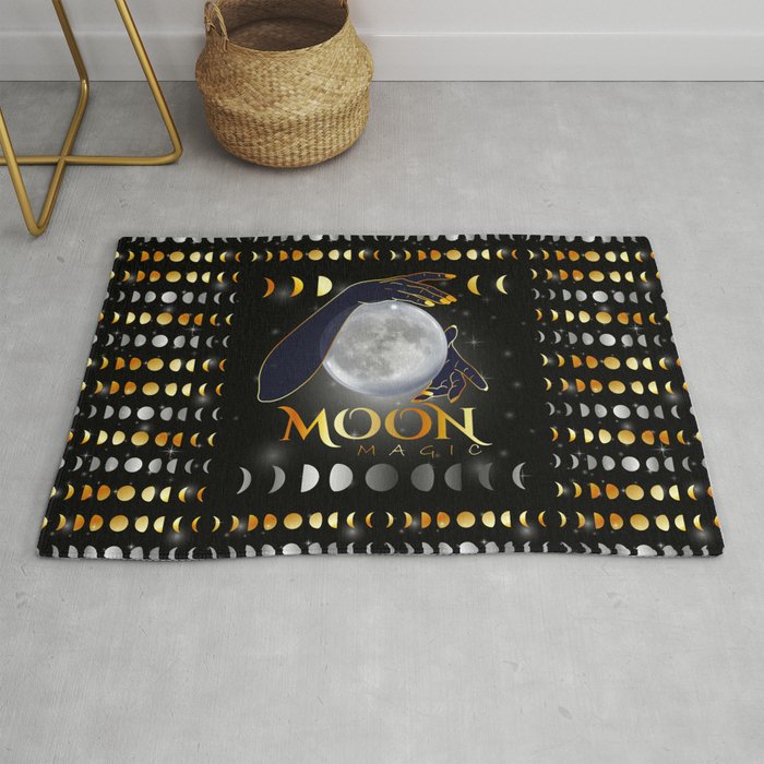 Moon phases mystical womans hands on full moon Rug
