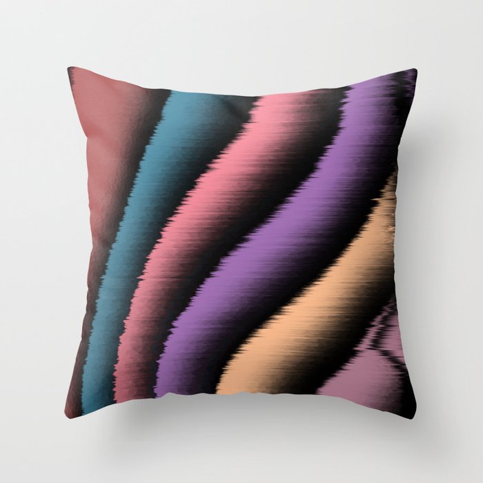 Glitchy modern retro earthy wavy rainbow stripes -  black, orange, teal and pink Throw Pillow