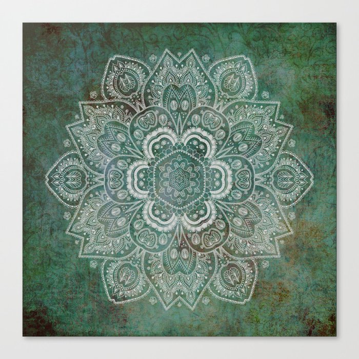 Silver White Floral Mandala on Green Textured Background Canvas Print