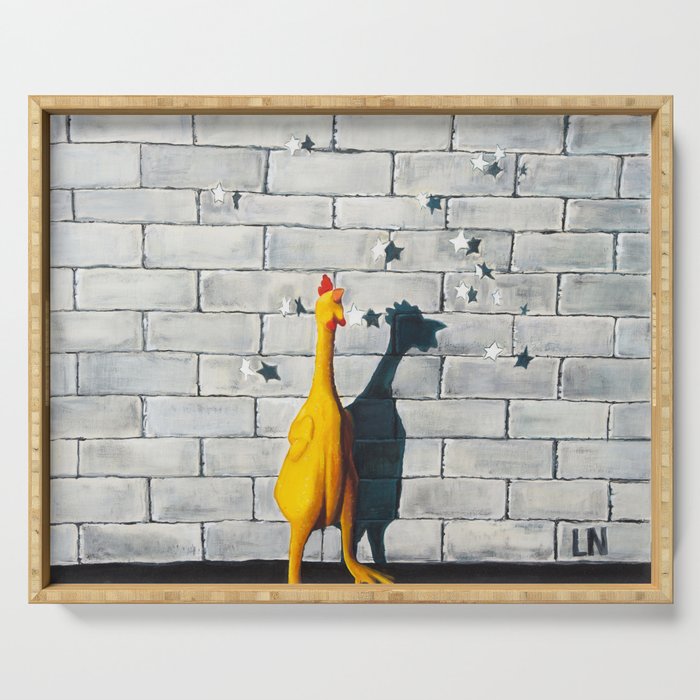 “Just a chicken, up against a brick wall, with his shadow” Acrylic on wood Serving Tray