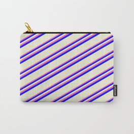 [ Thumbnail: Hot Pink, Blue, and Beige Colored Striped Pattern Carry-All Pouch ]