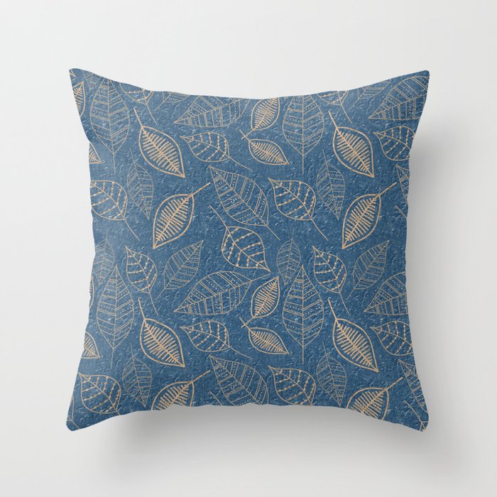 Tan Leaves On Blue Throw Pillow