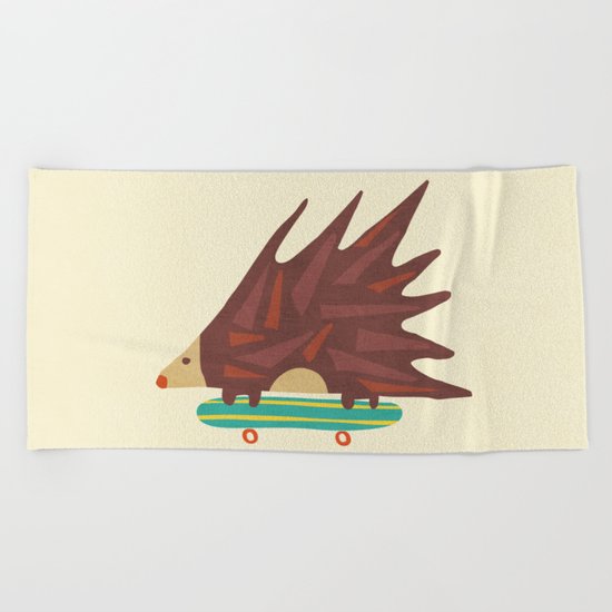 Hedgehog in hair raising speed Beach Towel