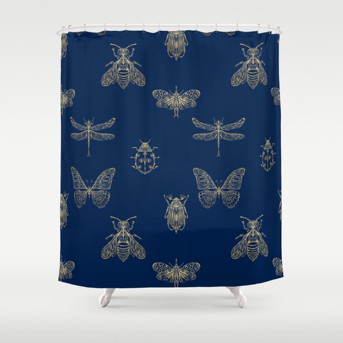 Golden Insects pattern on the blue background Shower Curtain