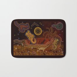 Desert Heat - Australian Aboriginal Art Theme Bath Mat | People, Earthtones, Australia, Graphicdesign, Dreamtime, Kangaroos, Ayersrock, Lizards, Aboriginalart, Landscape 