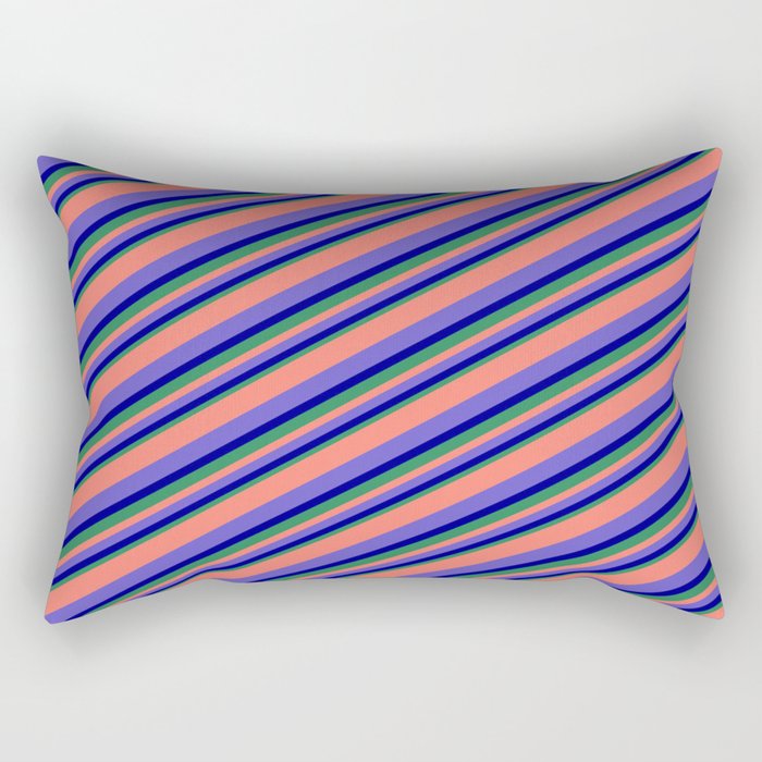 Salmon, Slate Blue, Dark Blue & Sea Green Colored Pattern of Stripes Rectangular Pillow