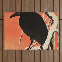 Crow On Snowy Branch Traditional Japanese Wildlife Outdoor Rug